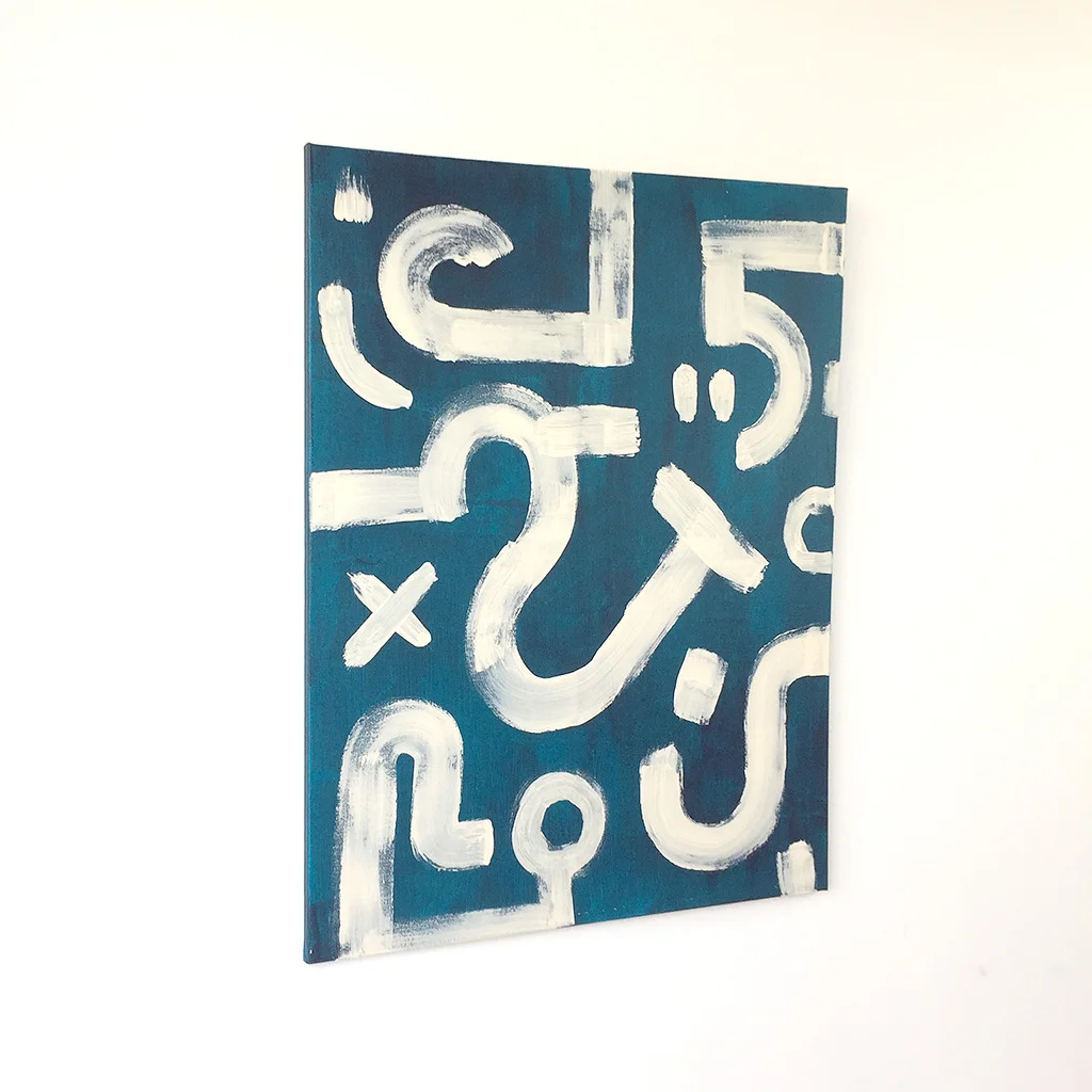 Image 2 of 5 - Abstract artwork 'Denim Vanilla' is a painting with vanilla colored lines on dark blue canvas by Dutch contemporary urban artist Michiel Nagtegaal 