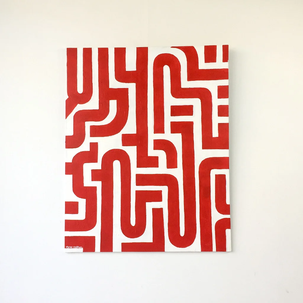 Image 1 of 6 - Front view of abstract artwork 'Blood Lines', a painting with red lines on a white canvas by Dutch contemporary urban artist Michiel Nagtegaal