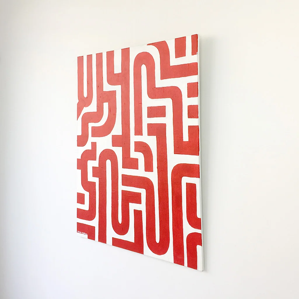 Image 3 of 6 - Right view of abstract artwork 'Blood Lines', a painting with red lines on a white canvas by Dutch contemporary urban artist Michiel Nagtegaal