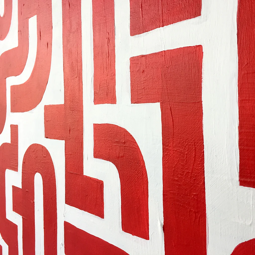 Image 4 of 6 - Close-up view of abstract artwork 'Blood Lines', a painting with red lines on a white canvas by Dutch contemporary urban artist Michiel Nagtegaal