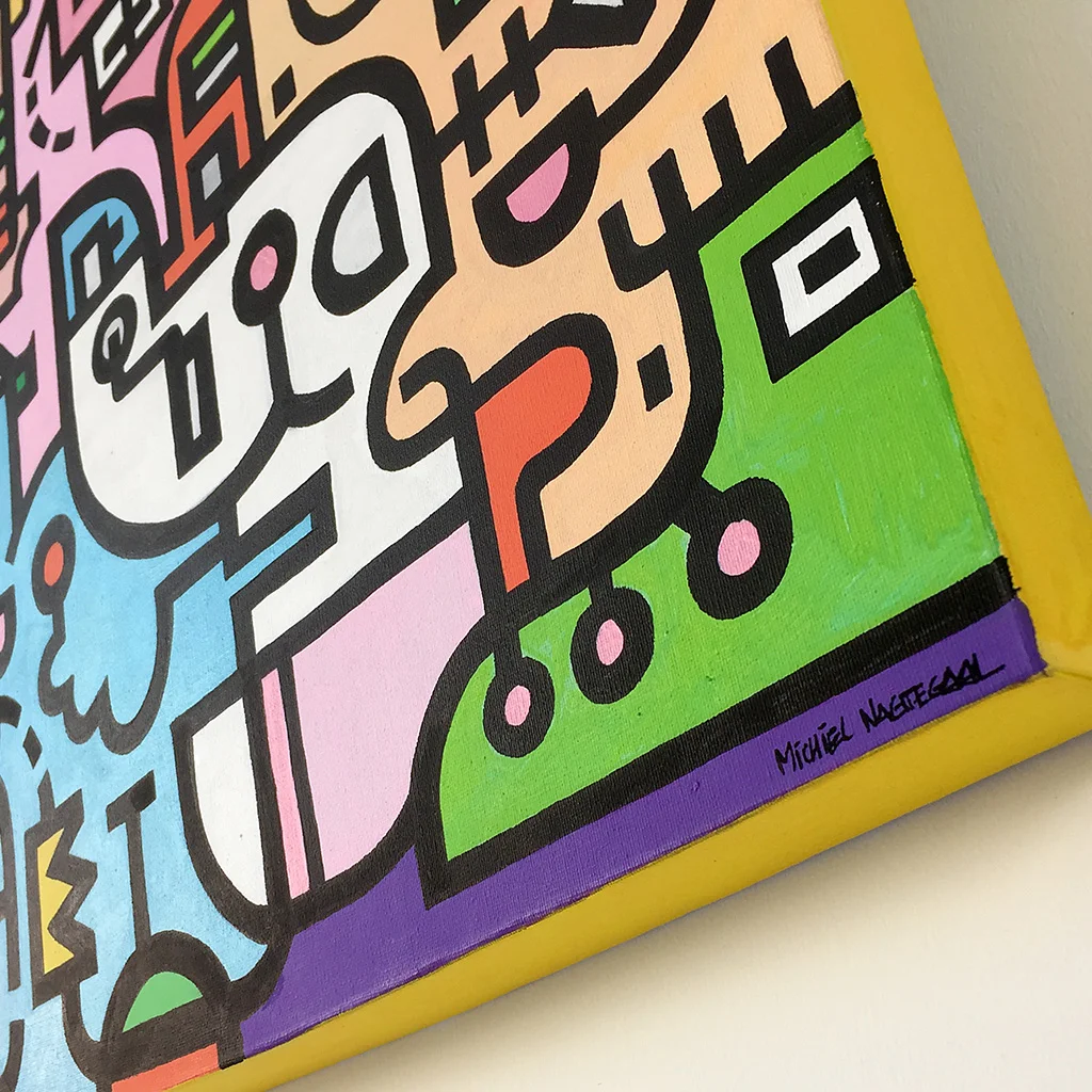 Image 4 of 8 - Close-up view 1 of artwork 'King Candy', a colourful painting with black bold lining on canvas by Dutch contemporary urban artist Michiel Nagtegaal
