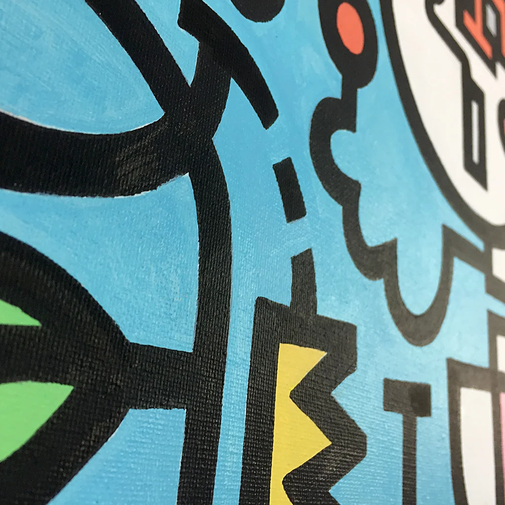 Image 5 of 8 - Close-up view 2 of artwork 'King Candy', a colourful painting with black bold lining on canvas by Dutch contemporary urban artist Michiel Nagtegaal
