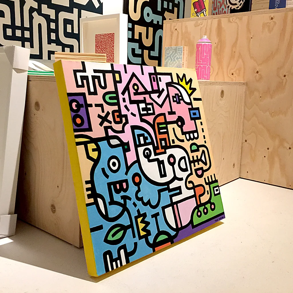 Image 7 of 8 - Side view 2 of artwork 'King Candy' in the Mr. Upside Gallery, a colourful painting with black bold lining on canvas by Dutch contemporary urban artist Michiel Nagtegaal