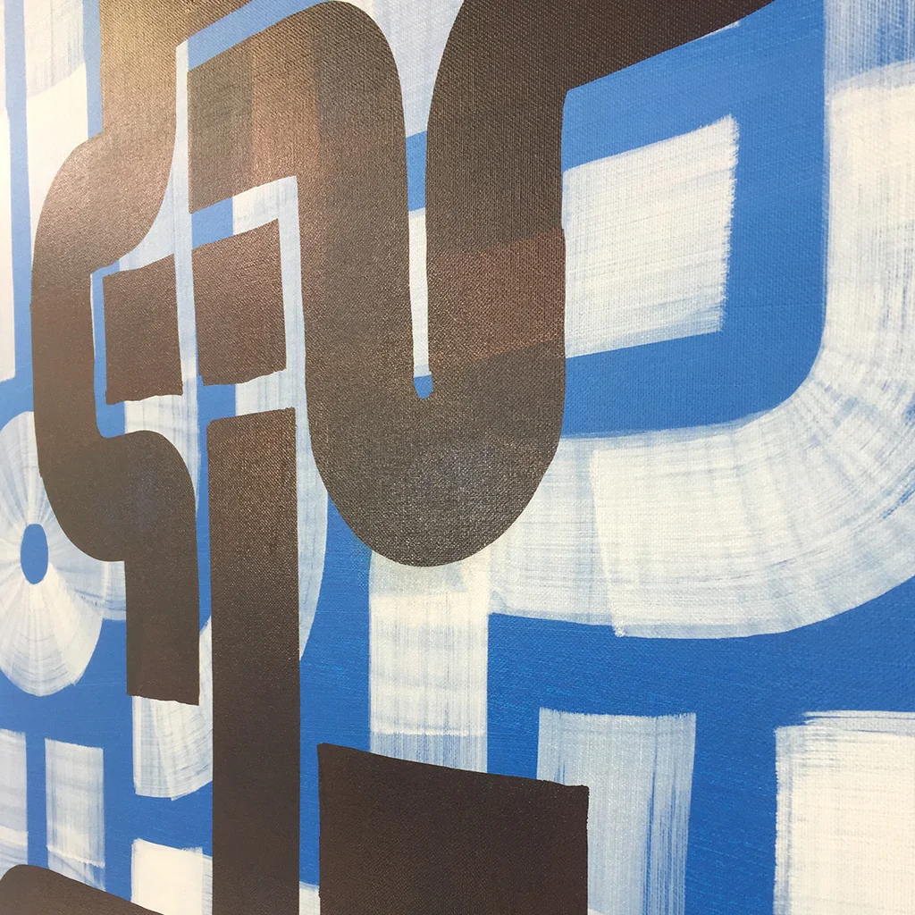 Image 4 of 5 - Close-up view 1 of 'Yoga Position' - an abstract painting with black copper and white lines on a blue background by Dutch contemporary urban artist Michiel Nagtegaal