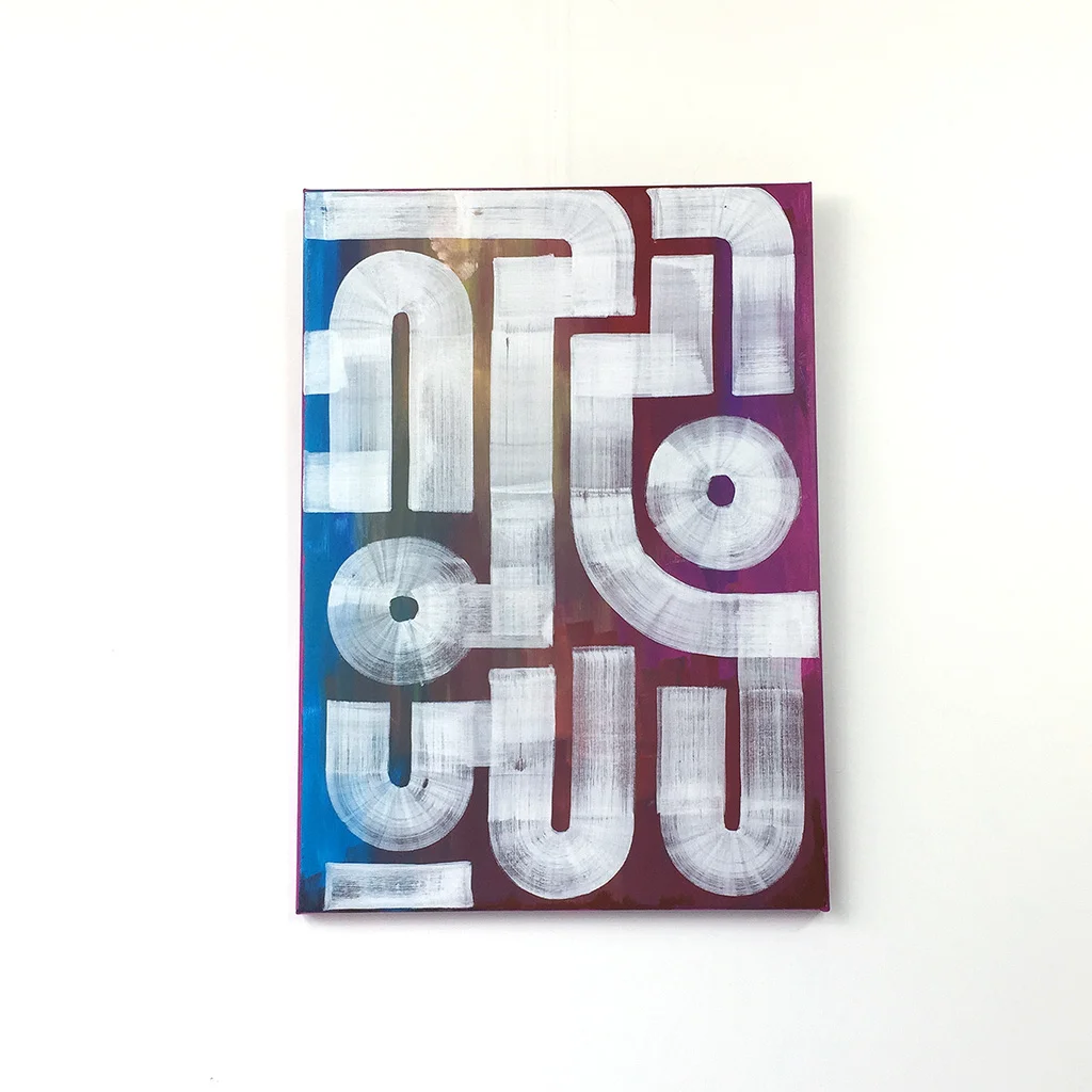 Image 1 of 6 - Front view of 'Field Portrait' - an abstract painting with white lines on a blue and red background by Dutch contemporary urban artist Michiel Nagtegaal