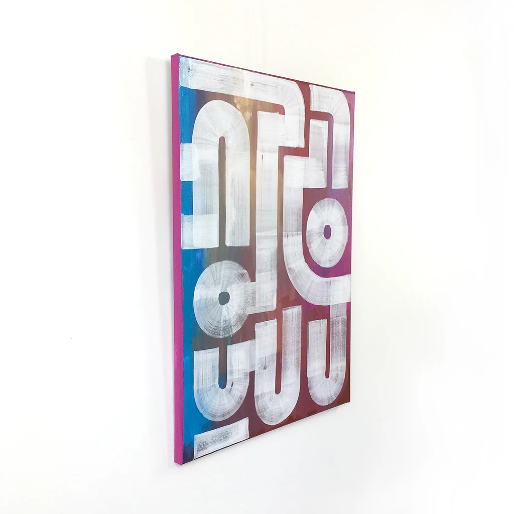 Image 3 of 6 - Left side view of 'Field Portrait' - an abstract painting with white lines on a blue and red background by Dutch contemporary urban artist Michiel Nagtegaal