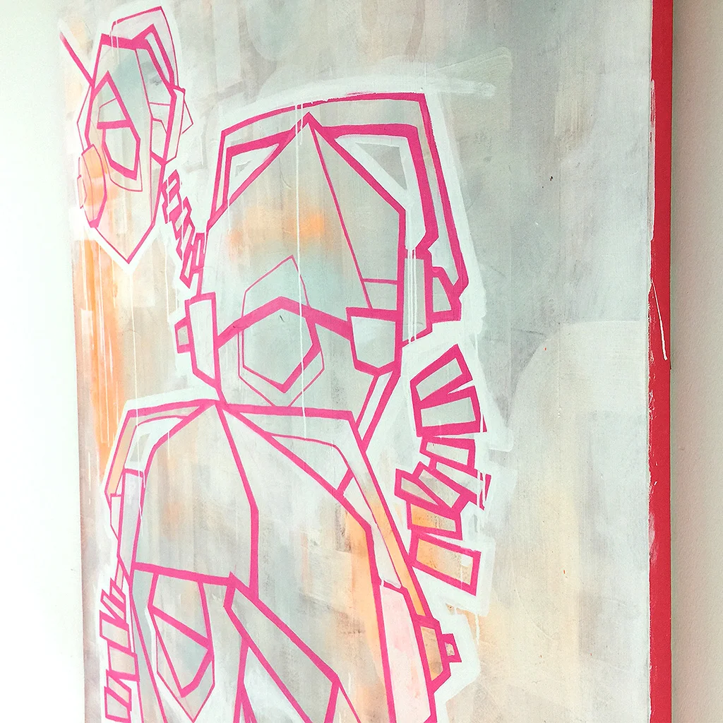 Photo 4 of 6 - Right view of artwork 'three headphones' - a painting / illustration with pink lines depicting three DJ heads with headphones, on a light coloured canvas by Dutch contemporary urban artist Michiel Nagtegaal 