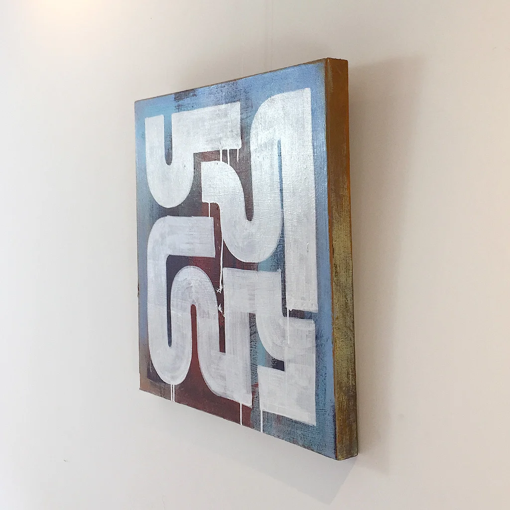Photo 2 of 5 - Right side view of artwork 'Rusty Morning' - An abstract painting with white lines on a blue and dark brown red coloured canvas by Dutch contemporary urban artist Michiel Nagtegaal