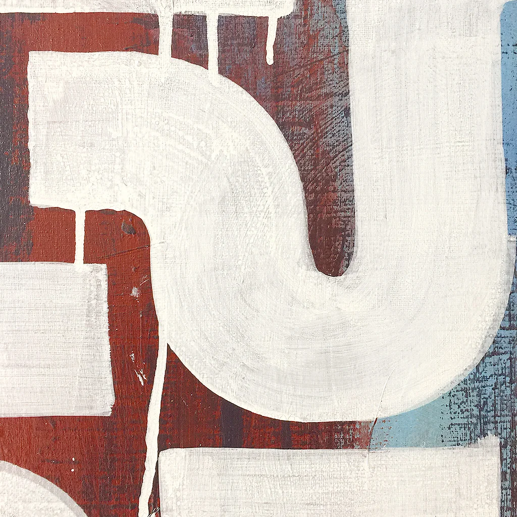 Photo 5 of 5 - Close up of artwork 'Rusty Morning' - An abstract painting with white lines on a blue and dark brown red coloured canvas by Dutch contemporary urban artist Michiel Nagtegaal