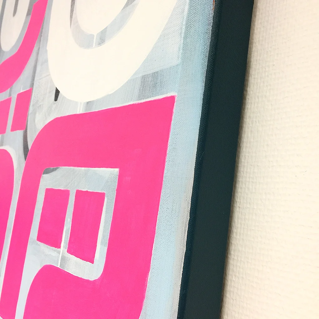 Image 4 of 5 - Close-up view of 'Cumulus' - an abstract painting with white and pink lines on a grey blue background by Dutch contemporary urban artist Michiel Nagtegaal