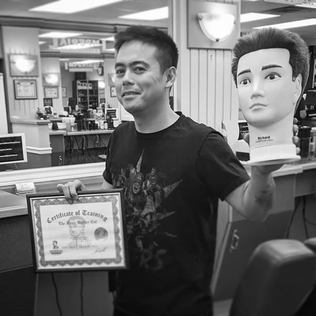 I graduated my basics course! Prob gonna cut my wife's  hair tonight when she falls asleep on the couch. please meet Richard the mannequin to whom I gave my first haircut, and now creeping me out in the corner of the house. Thanks to the @imperialbar