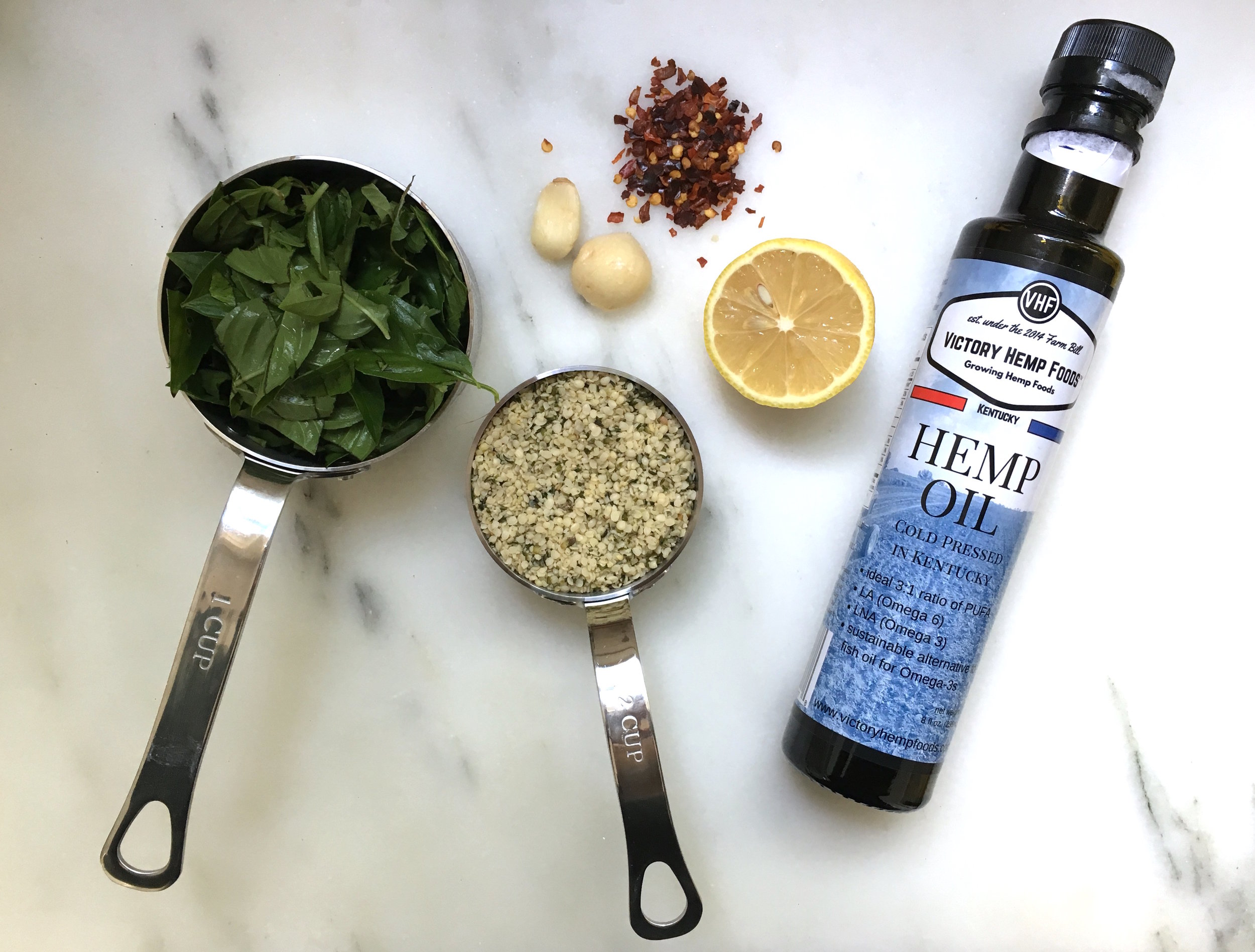 Ingredients for this spicy basil pesto include Victory Hemp Foods' hemp seeds and hemp oil