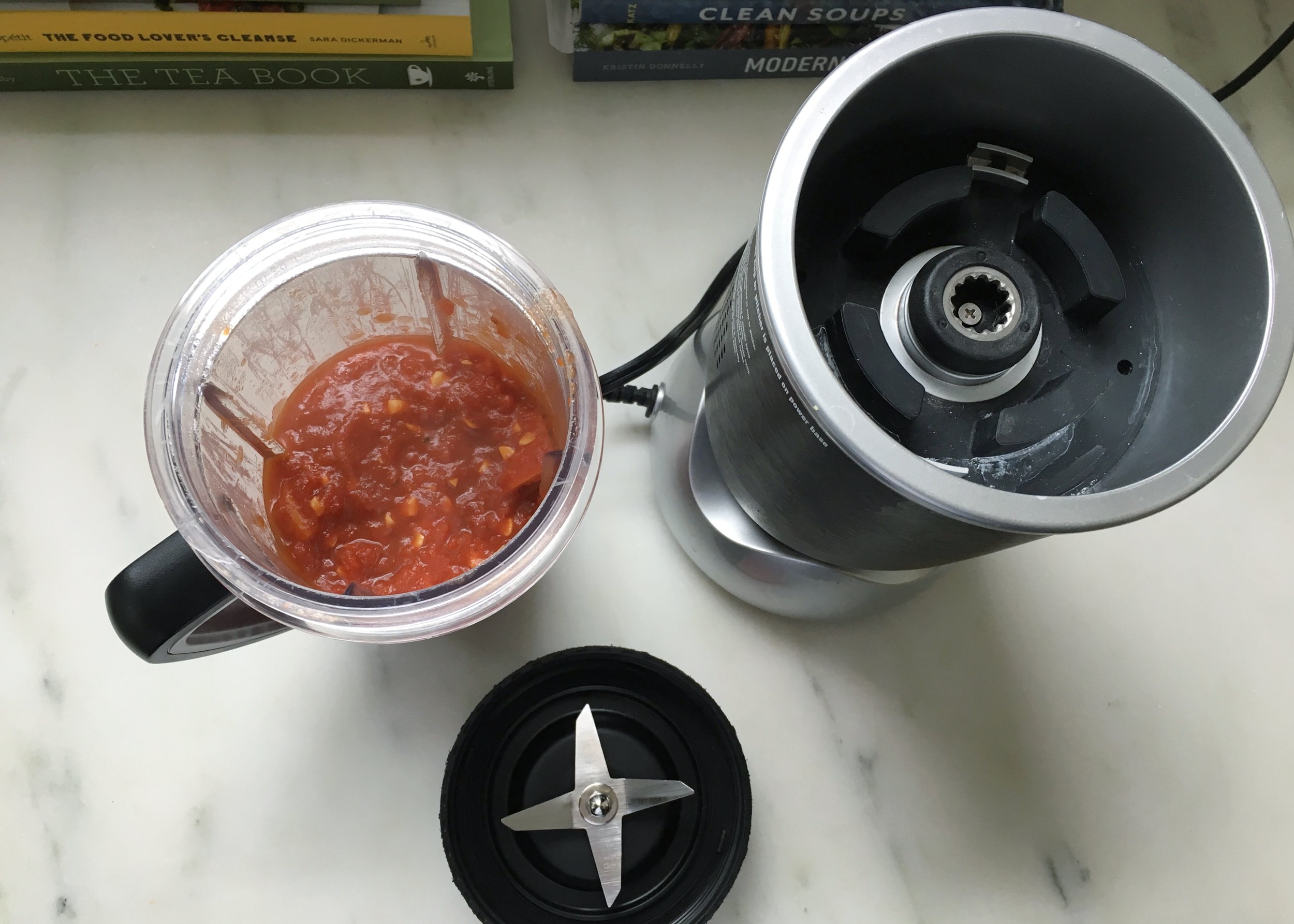 Beets, garlic, spices and tomatoes are quickly blended depending on desired consistency (I like 6-7 seconds!)