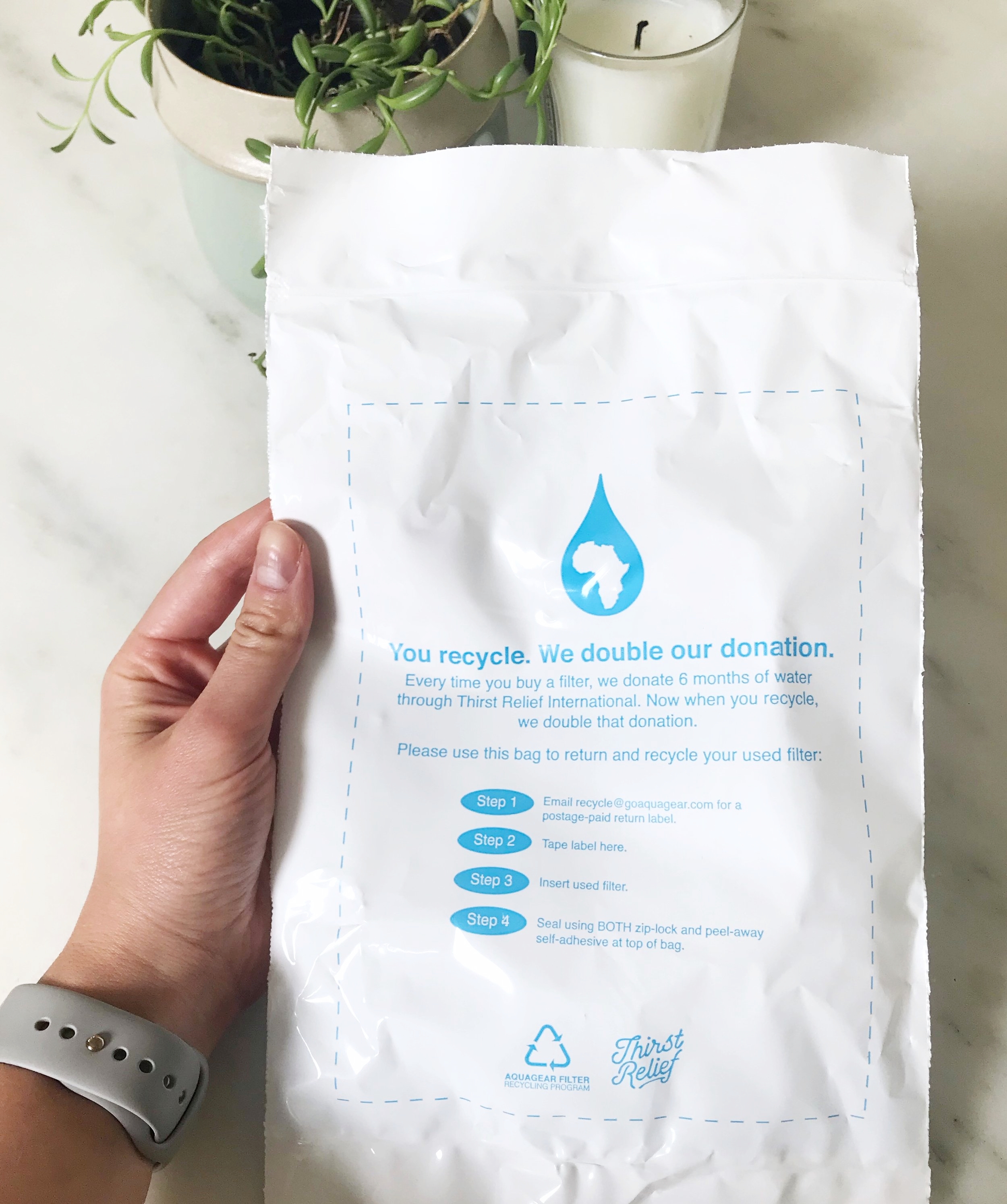Aquagear makes recycling easy and hard to resist by paying for the postage and doubling their donation to Thirst Relief International for each filter received