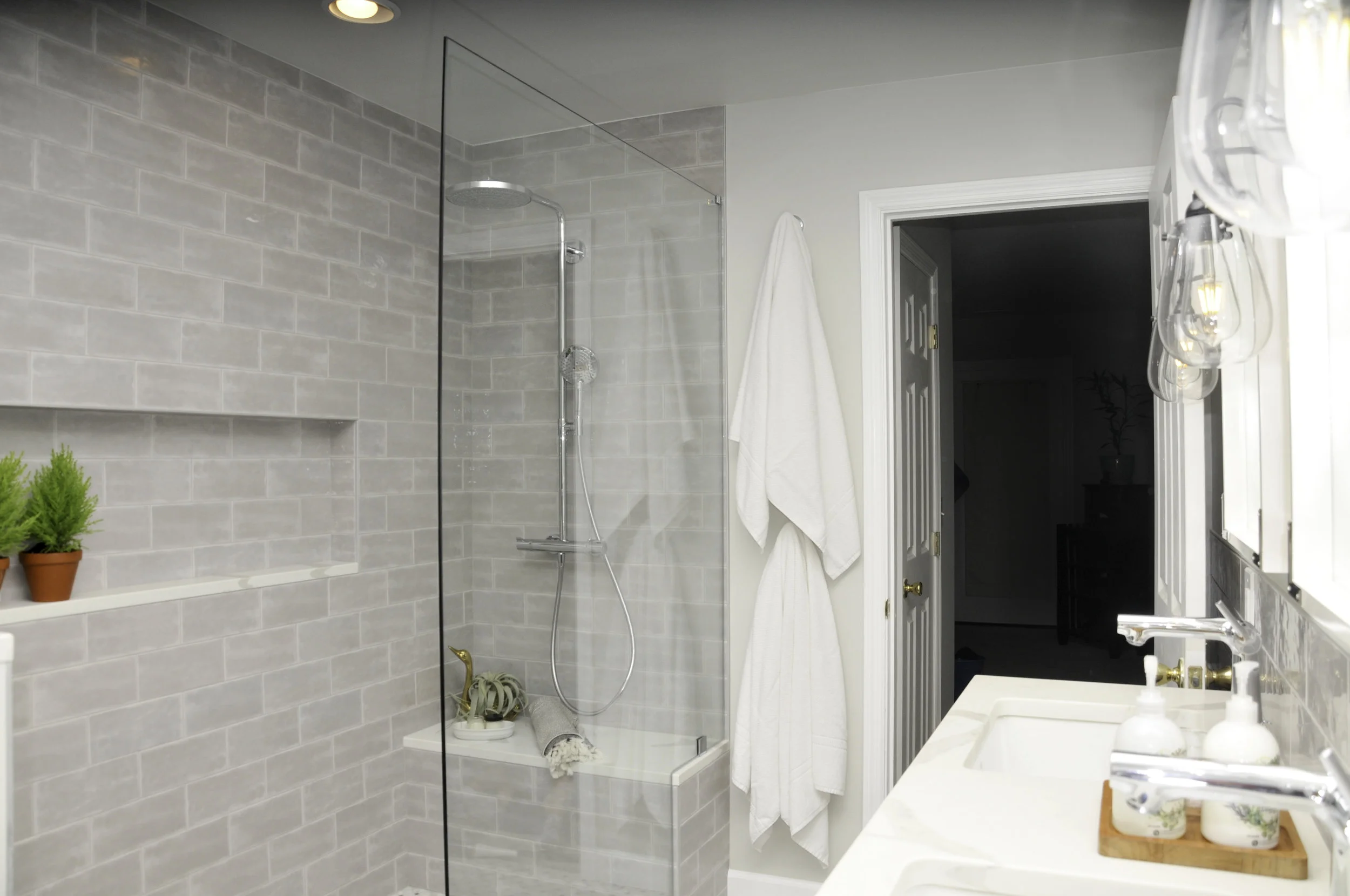 Another view into the shower from the opposite side of the vanity. {Photograph by Brooke Mullins Photography}