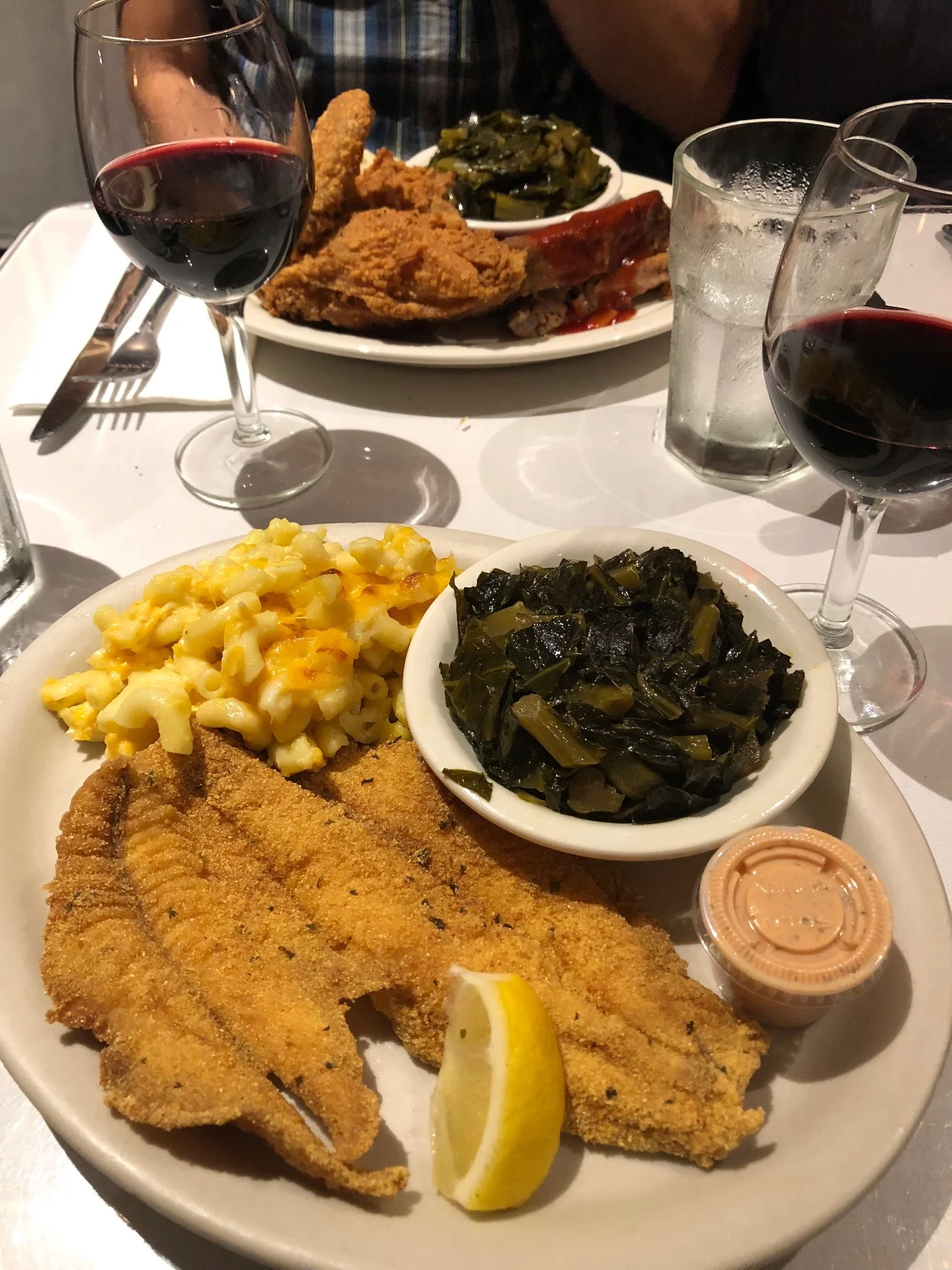 Soul food | fried catfish, collard greens, mac n cheese.