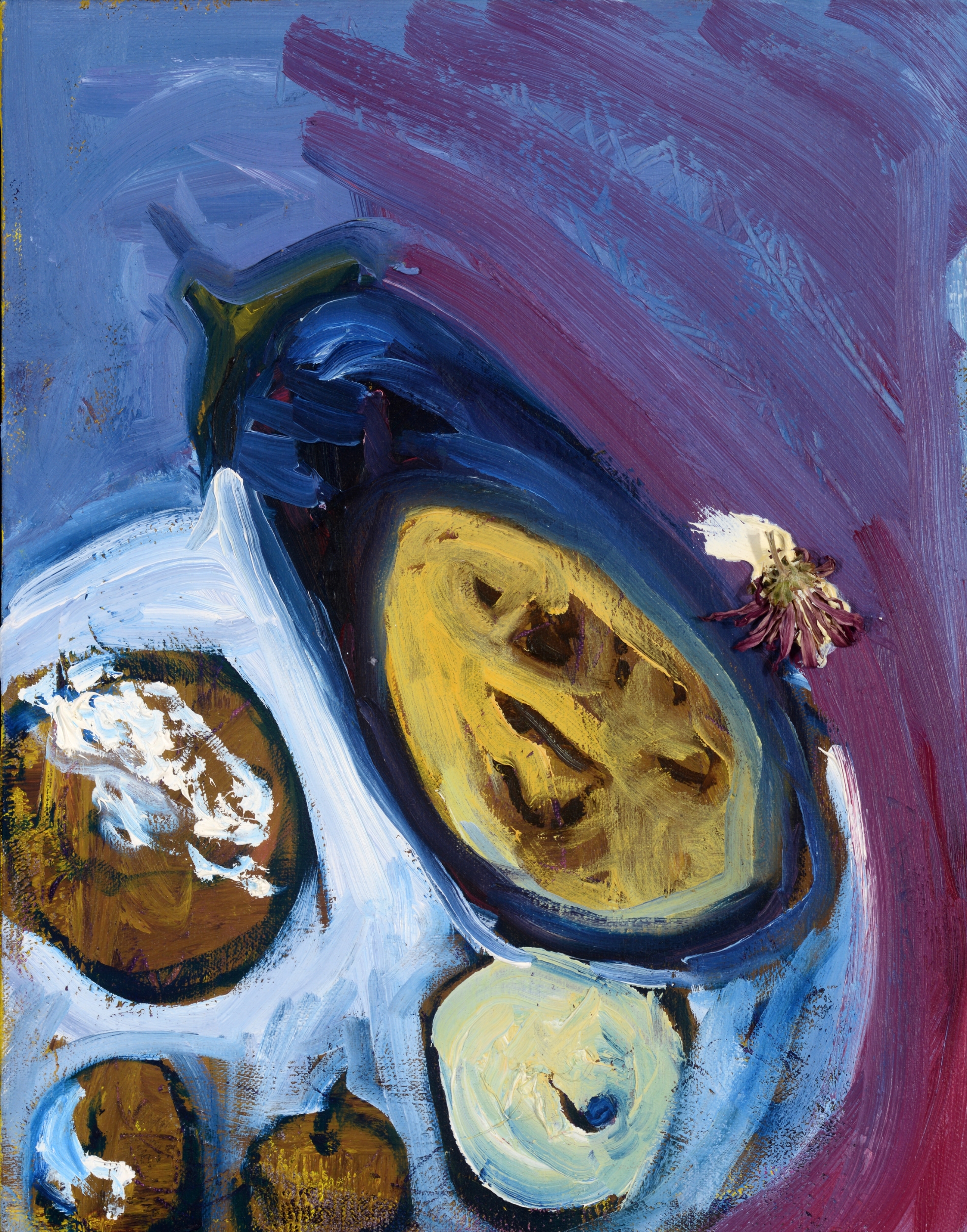 Aubergine. Oil and pressed flowers on canvas. 2014.
