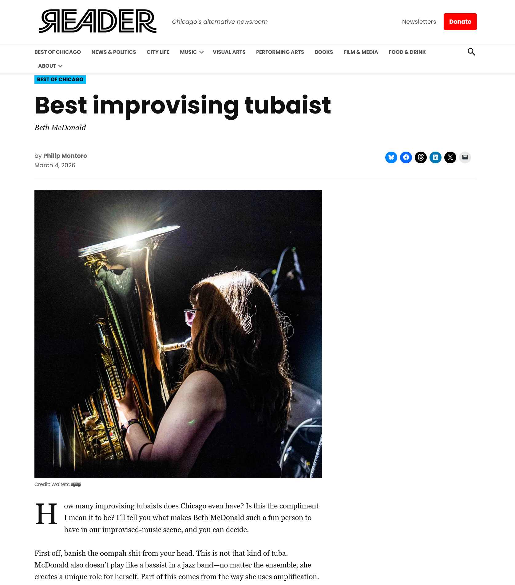 Chicago Reader Best Of... 2026 Best improvising tubaist 