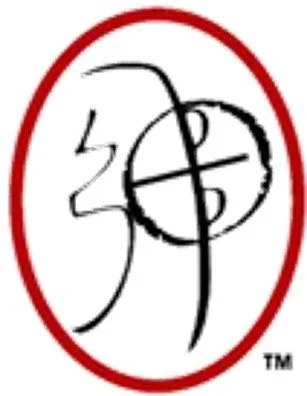 A black and white logo with stylized design inside a red oval border.