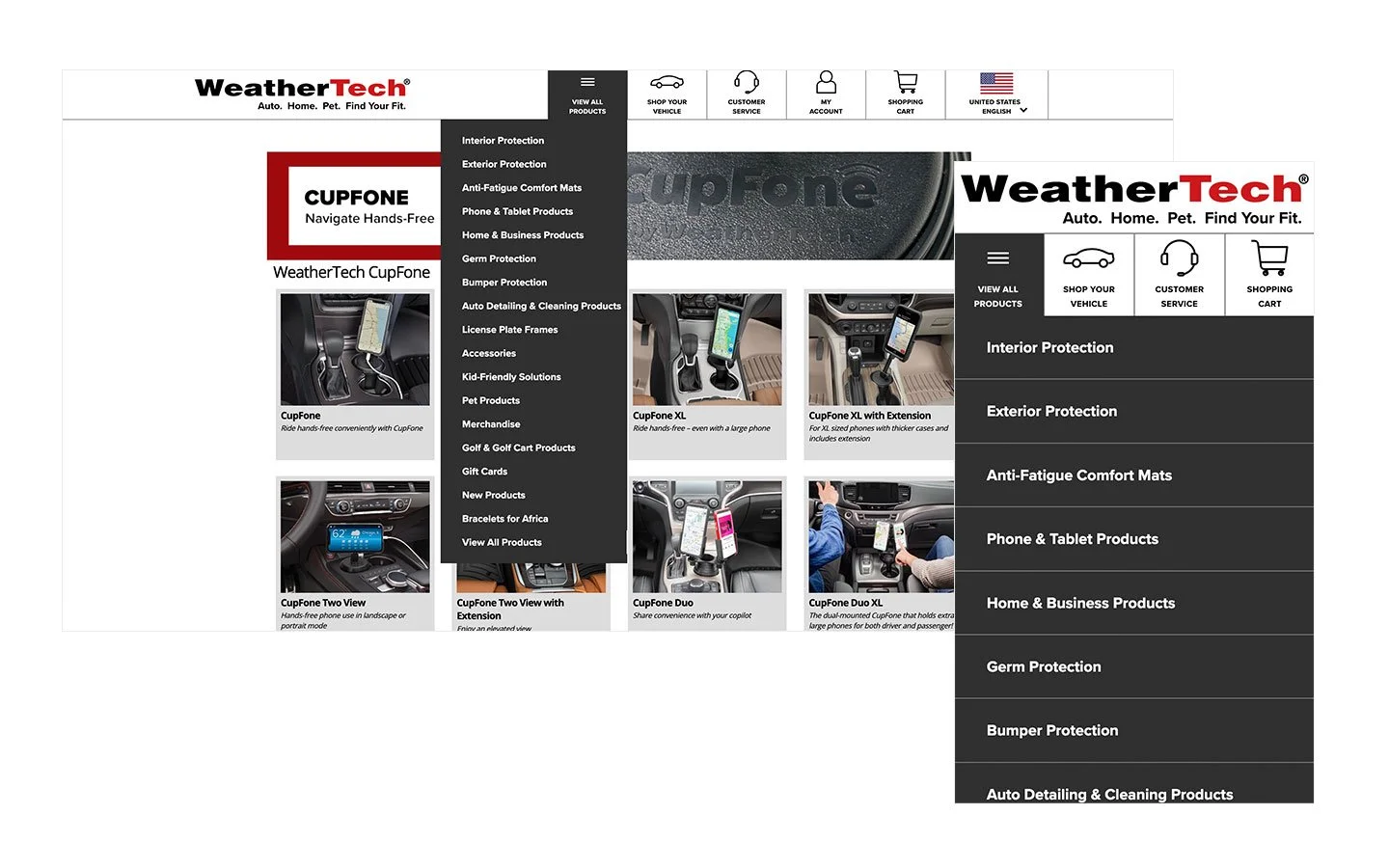 Desktop and mobile view of WeatherTech.com navigation before redesign