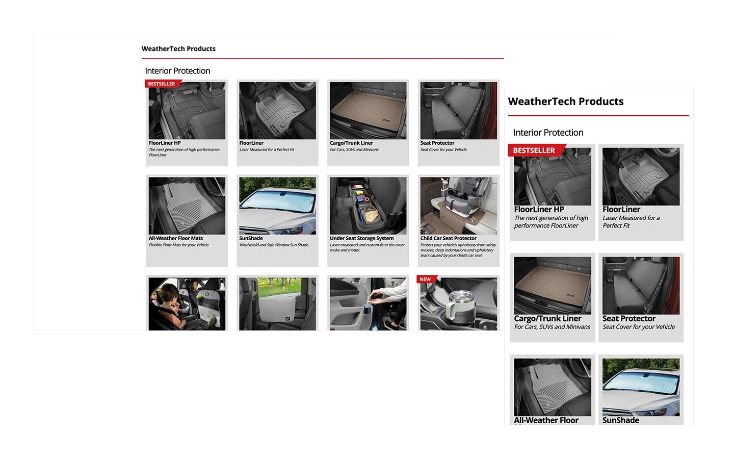 Desktop and Mobile Product Listing page from WeatherTech.com before redesign