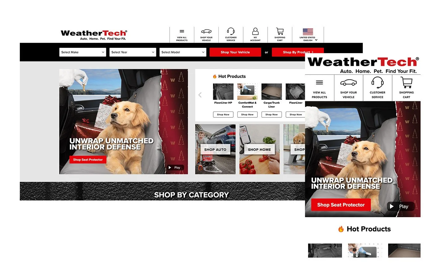 Desktop and Mobile screenshots of WeatherTech.com before redesign