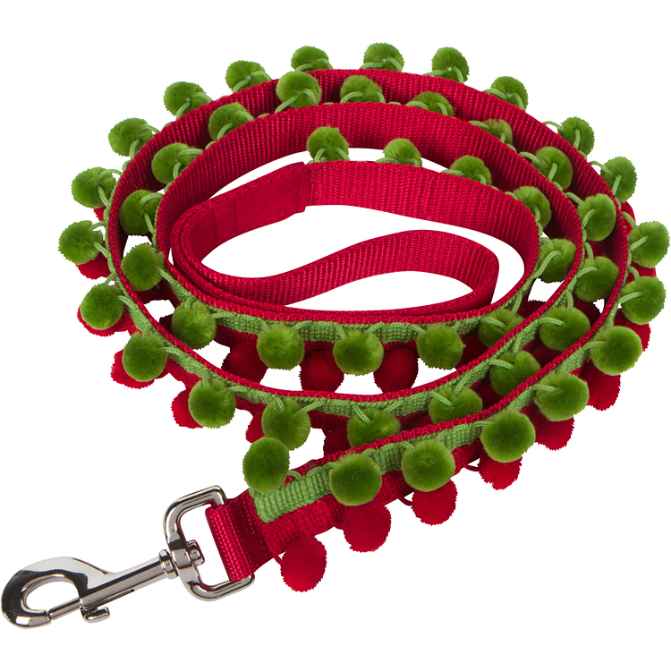 Red and Green Pom Pom Dog Leash — Collar Me Crazee