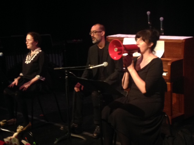 L-R: Me, Dave Chokroun, Sarah May Redmond. He Said it & White Wines , a staged reading of two plays by Gertrude Stein, directed by James Fagan Tait (The Cultch, Vancouver, June 4-5, 2016). Produced by Radio Free Stein. Personal photo.