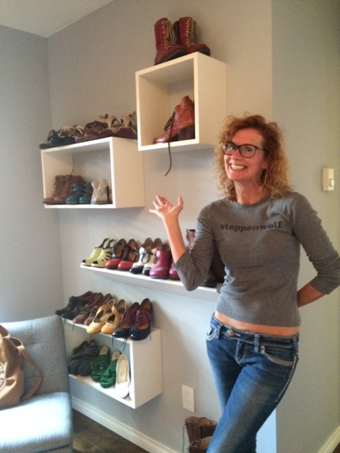 Leading Vancouver director Sarah Rodgers and her Wall of Fluevogs ... designed by Drew Facey (who could probably fill a wall with his Jessie Awards).