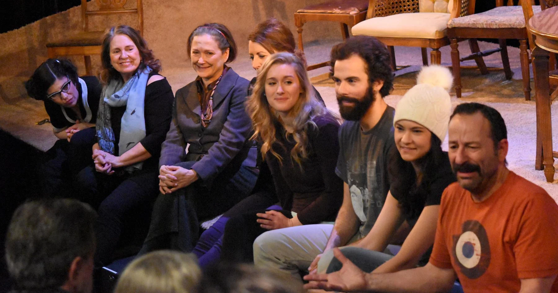 The cast of Gilles Poulin-Denis' production of Michel Tremblay's modern classic Bonjour, là, bonjour (Théâtre la Seizième) at a post-show talk-back. L-R: Annie Lefebvre, Thérèse Champagne, me, Lyne Barnabé, Siona Gareau-Brennan, Vincent Leblanc-Beaudoin, Émilie Leclerc, Joey Lespérance. Photo by Denis Bouvier.