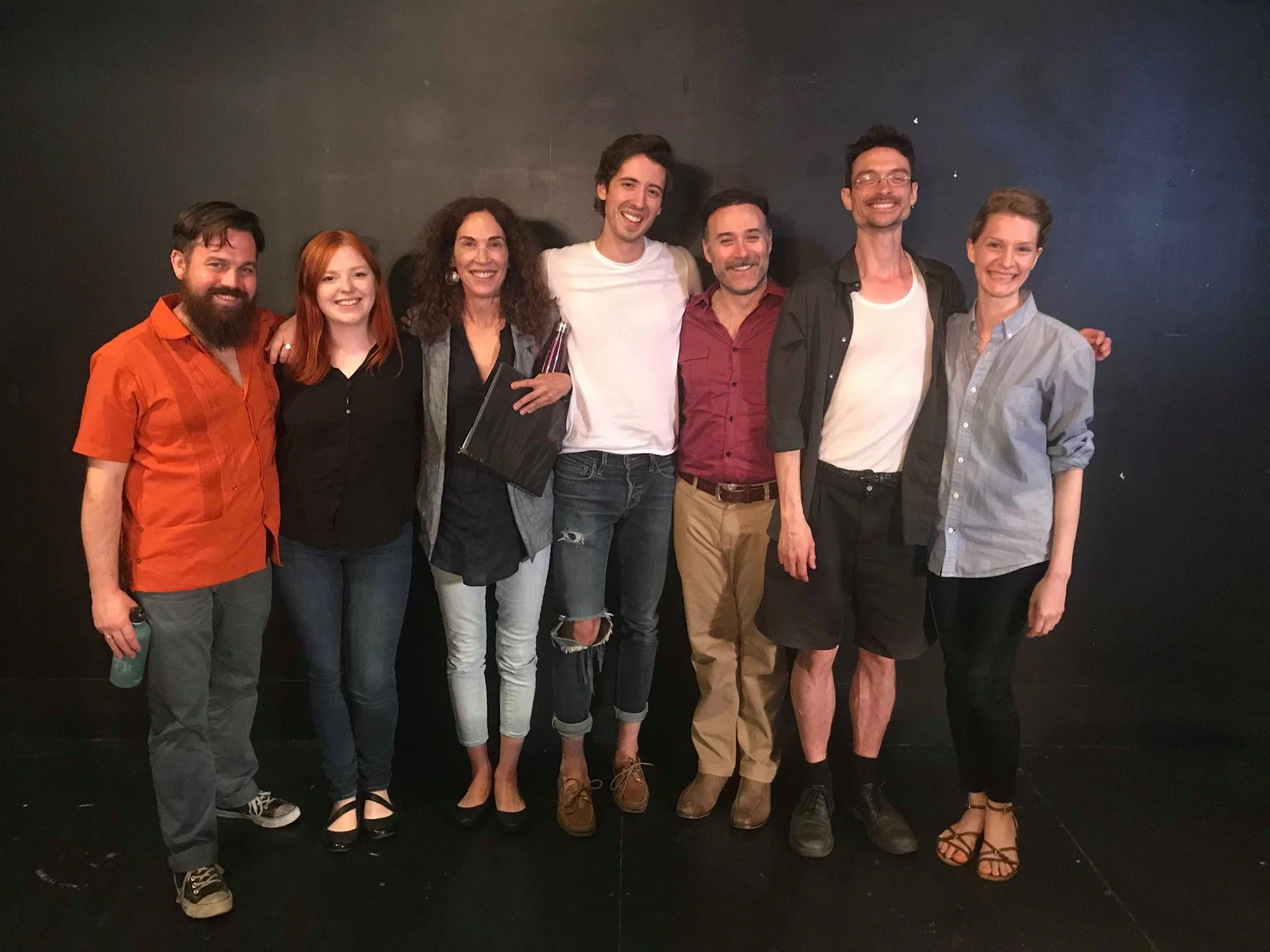 The cast of Friday's public reading at the Tarragon Theatre, Toronto. L-R: Scott Emerson Moyle; Amy Keller; Liz Best; Alex Zonjic; M. John Kennedy; director Eric Benson, and Krystina Bojonowski. I'm just going to guess who they were playing: Scott as Dany; Amy as Maryline; Liz as Sylvie; Alex as Olivier; John as M. Picard; and Krystina as Alexe. (Did I get it right?)