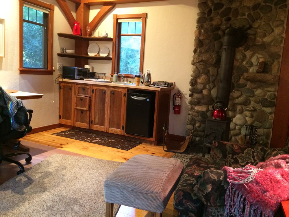  This tiny lovely kitchen is well-stocked but no one really cooks here: communal dinners are at the central farmhouse where the chef prepares your lunch for the next day, and you can grab  breakfast and snacks from the farmhouse kitchen. 