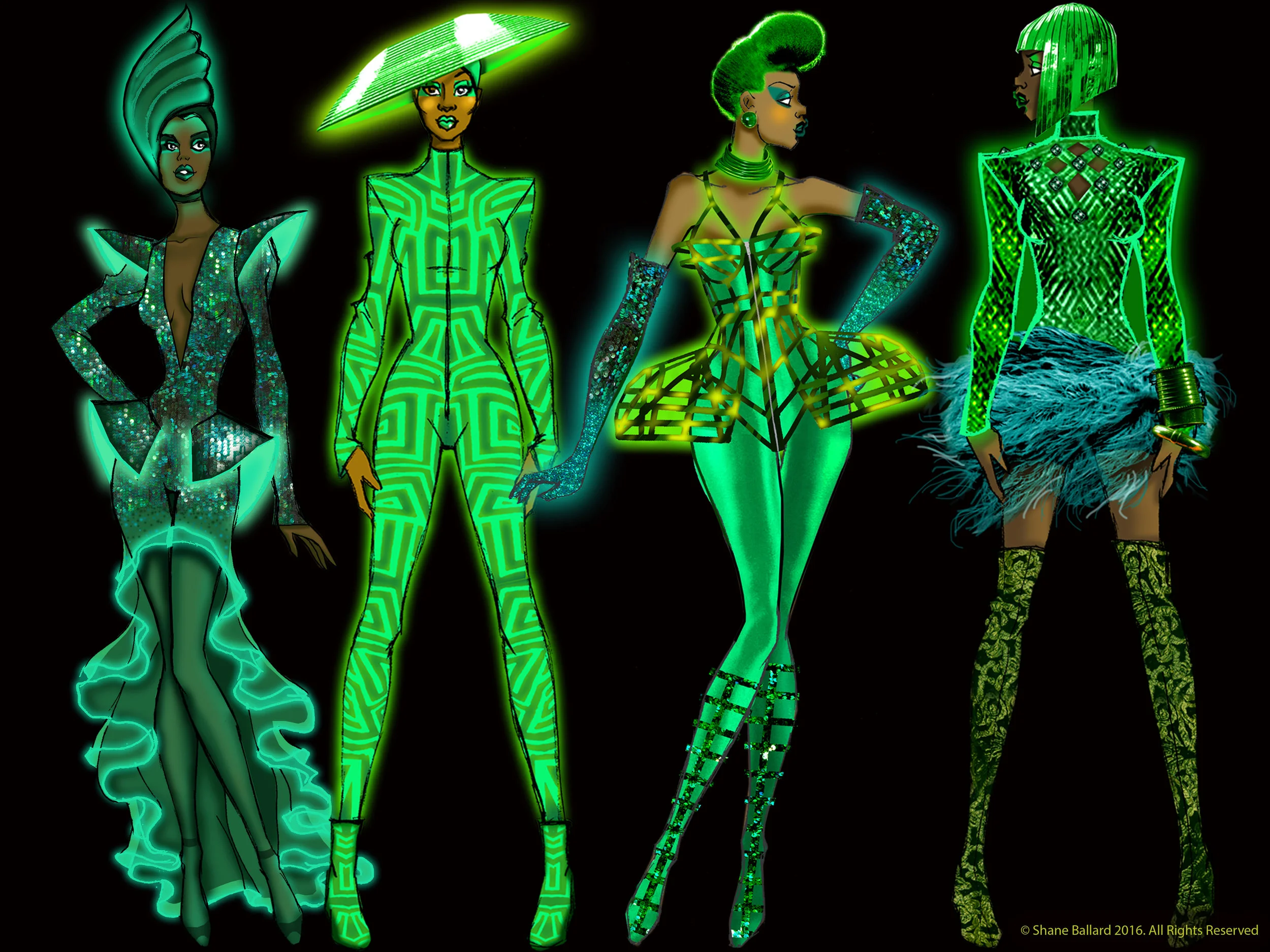 Emerald City Ladies Costumes Designed By Paul Tazewell. Illustrations By Shane Ballard For “THE WIZ Live!” NBC Studios. All images © Shane Ballard 2016. All rights reserved.