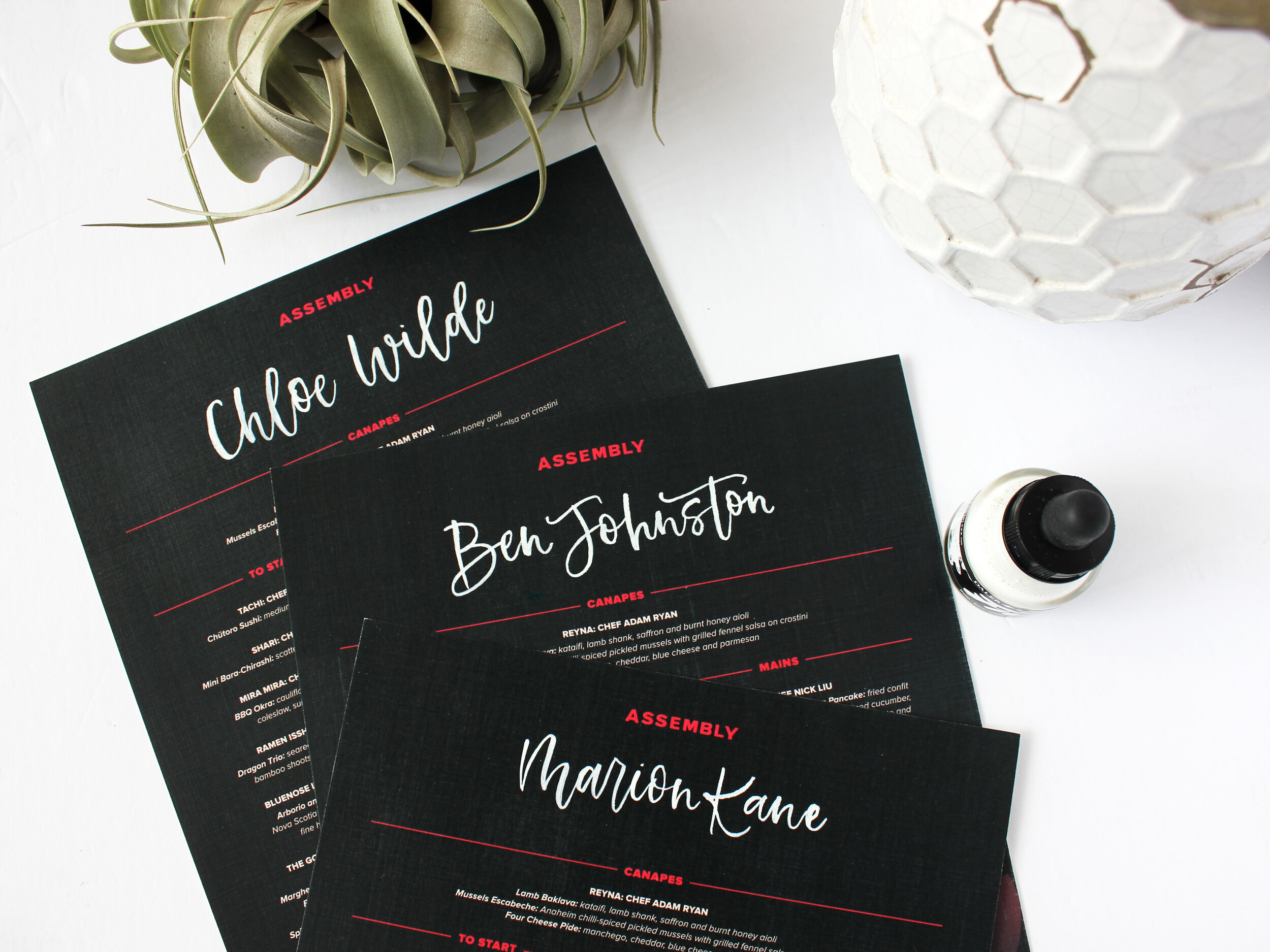Personalized menus for the launch of Assembly Hall in Toronto