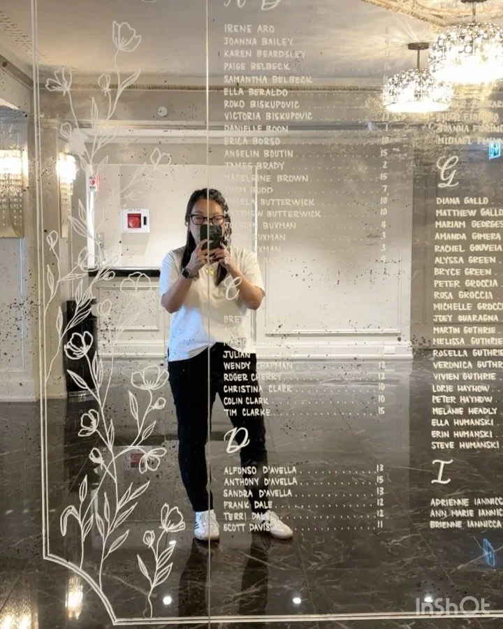 One of my favourite mirror seating charts of 2025 - this time for Brienne &amp; Francis 💍🥂 My true-to-size mock-up includes details from the couple&rsquo;s stationery to align with their overall aesthetic 💫

#gracesongcalligraphy #mirrorseatingcha