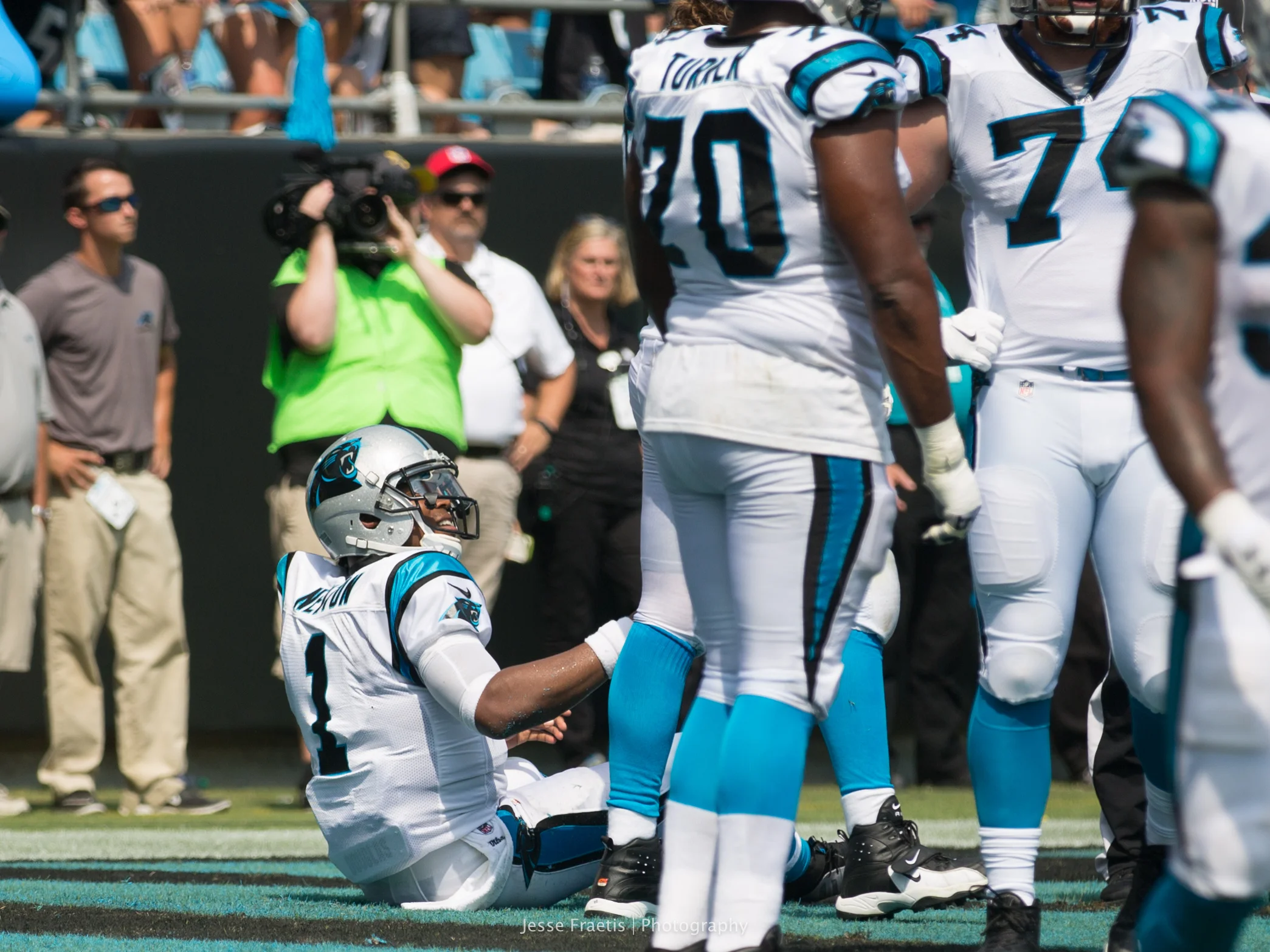 After the safety, Cam's lineman help him up - something they had to do far too often..