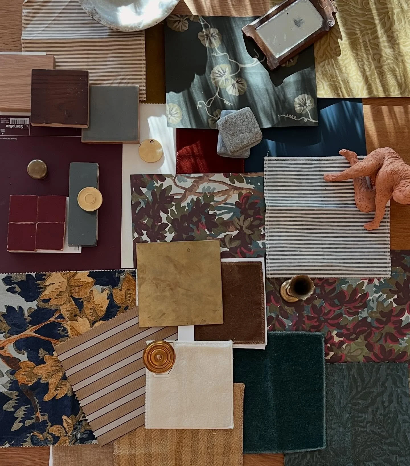 All the goodies going into our NYC Pied-a-Terre. The cutest city apartment a girl could ask for- layers of rich velvets, mohair, glazed linens, handmade tile, brass accents and a paint palette juxtaposing subtle hues and deep jewel tones.  Not to men