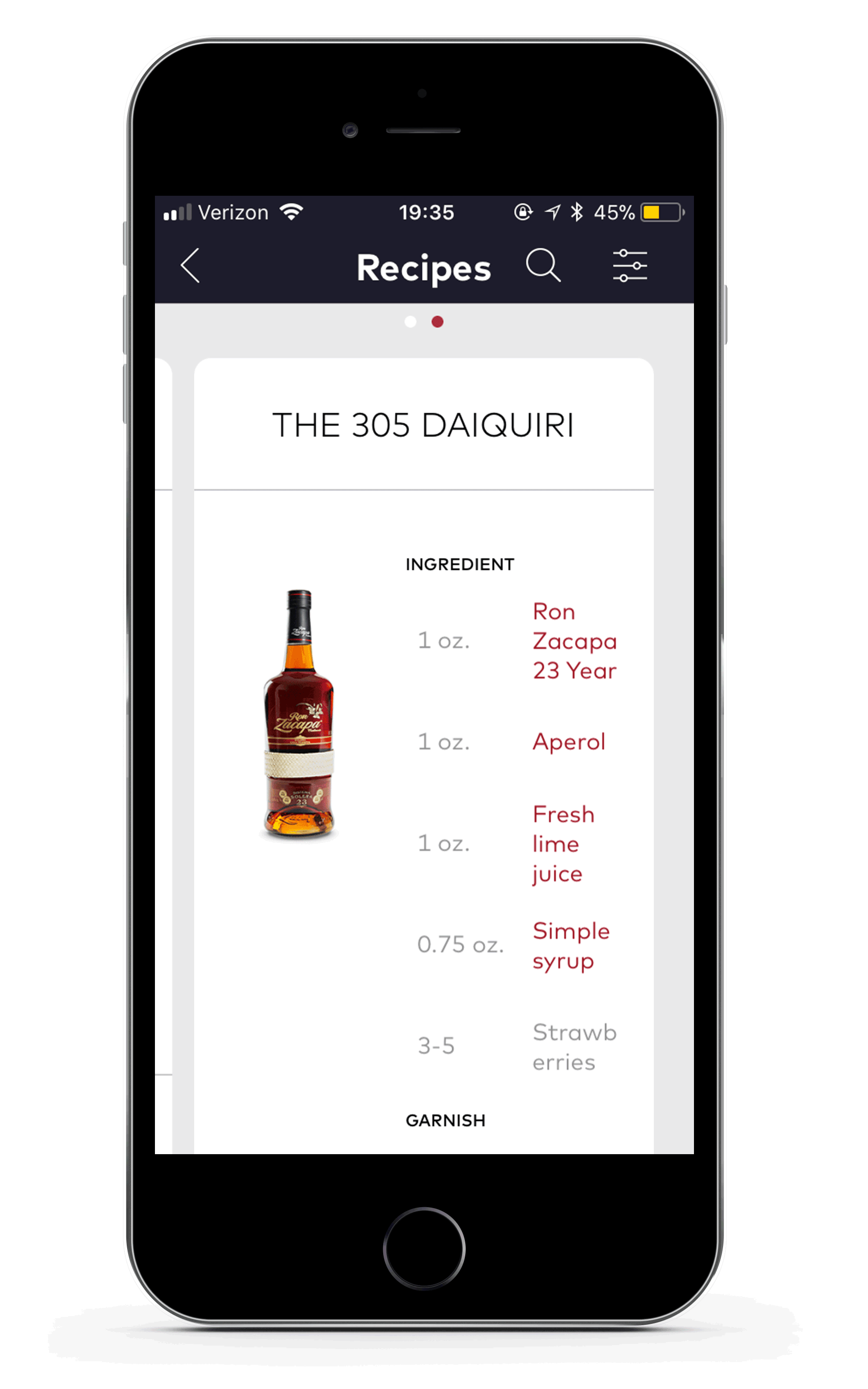 Red dots above recipe cards indicate multiple variations. Swipe through to see different takes on the same drink.