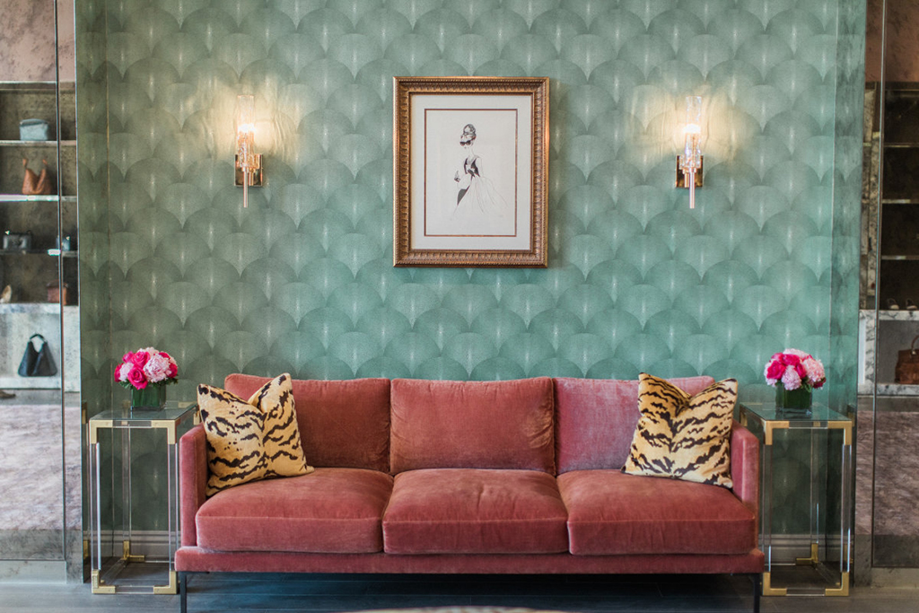 The velvet pink couches complete the central seating area. Walls were updated to accommodate lighting sconces. Al Hirschfeld artwork featuring Audrey Hepburn is another detail that makes The Kingdom stand out. Whether full of browsing customers, or closed for VIP private shopping, the store feels accessible and comfortable for guests. A discreet-yet casual experience to find the perfect accessory.