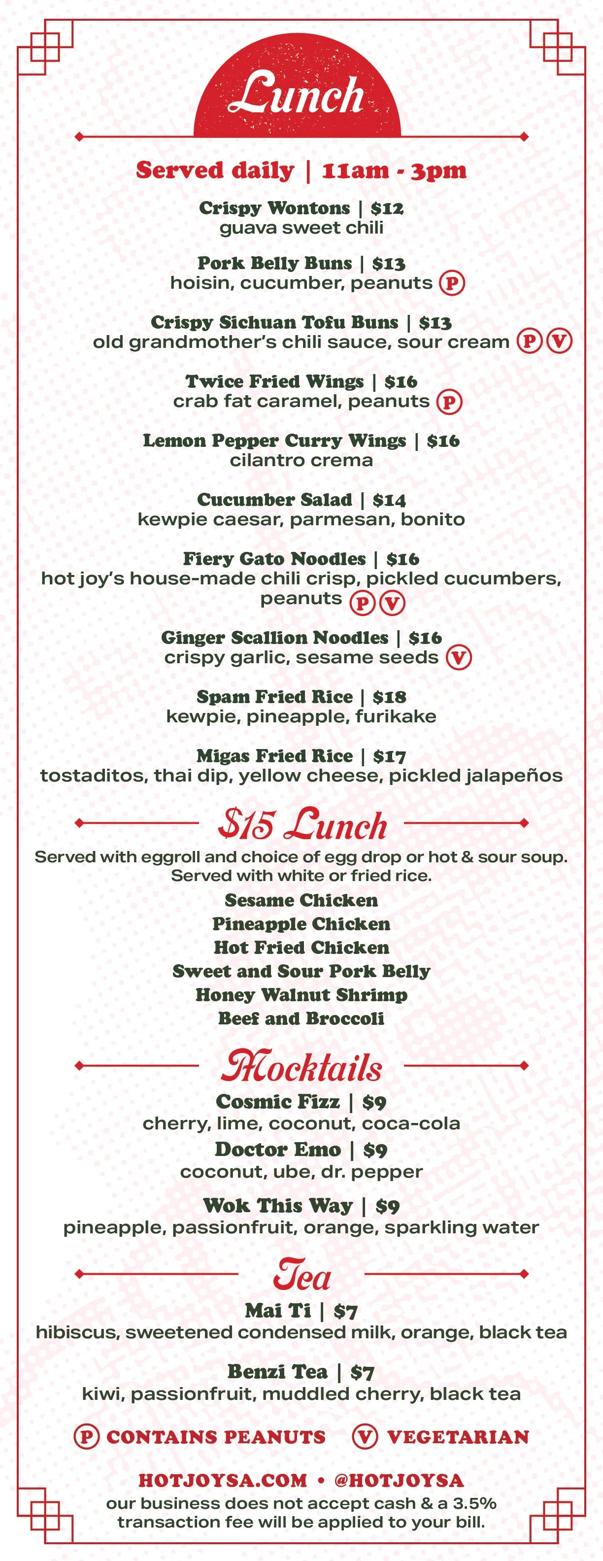 Hot Joy San Antonio Lunch Menu Back