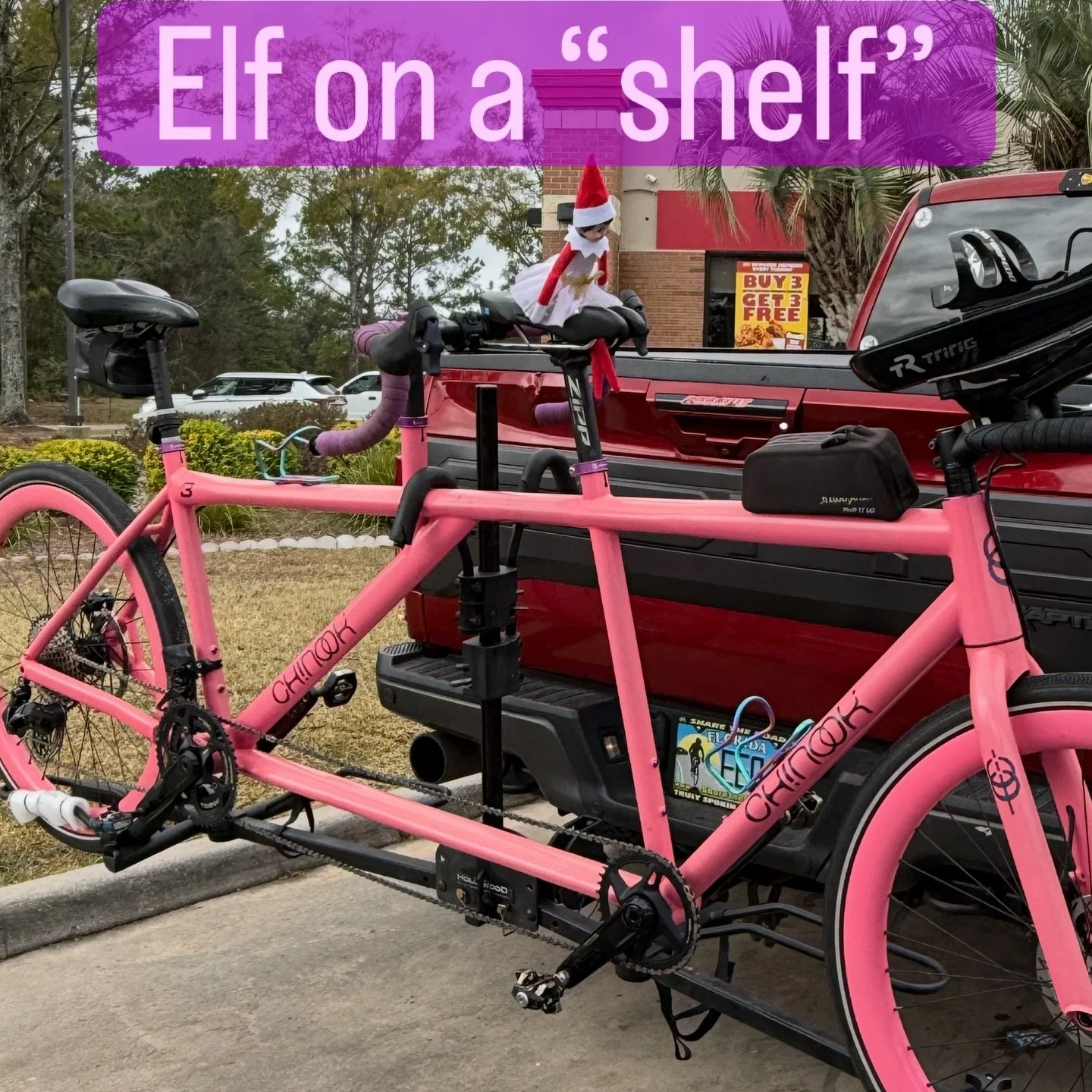 #roadtrippin fun!
Stopped for gas, and a truck driver asked if he could get a pic for his kiddo. #elfonashelf had a fun ride on the Pink Punisher!

He showed us pics of some of his elf&rsquo;s other adventures&hellip;.tangled in the semi lines, sitti