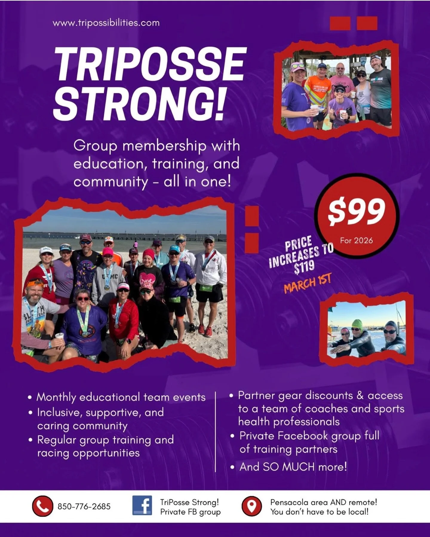 @everyone

LAST CALL! TriPosse membership registration rate will increase to $119 starting tomorrow, March 1st! Tap the link below to lock in the $99 rate NOW!

http://www.tripossibilities.com/triposse-strong