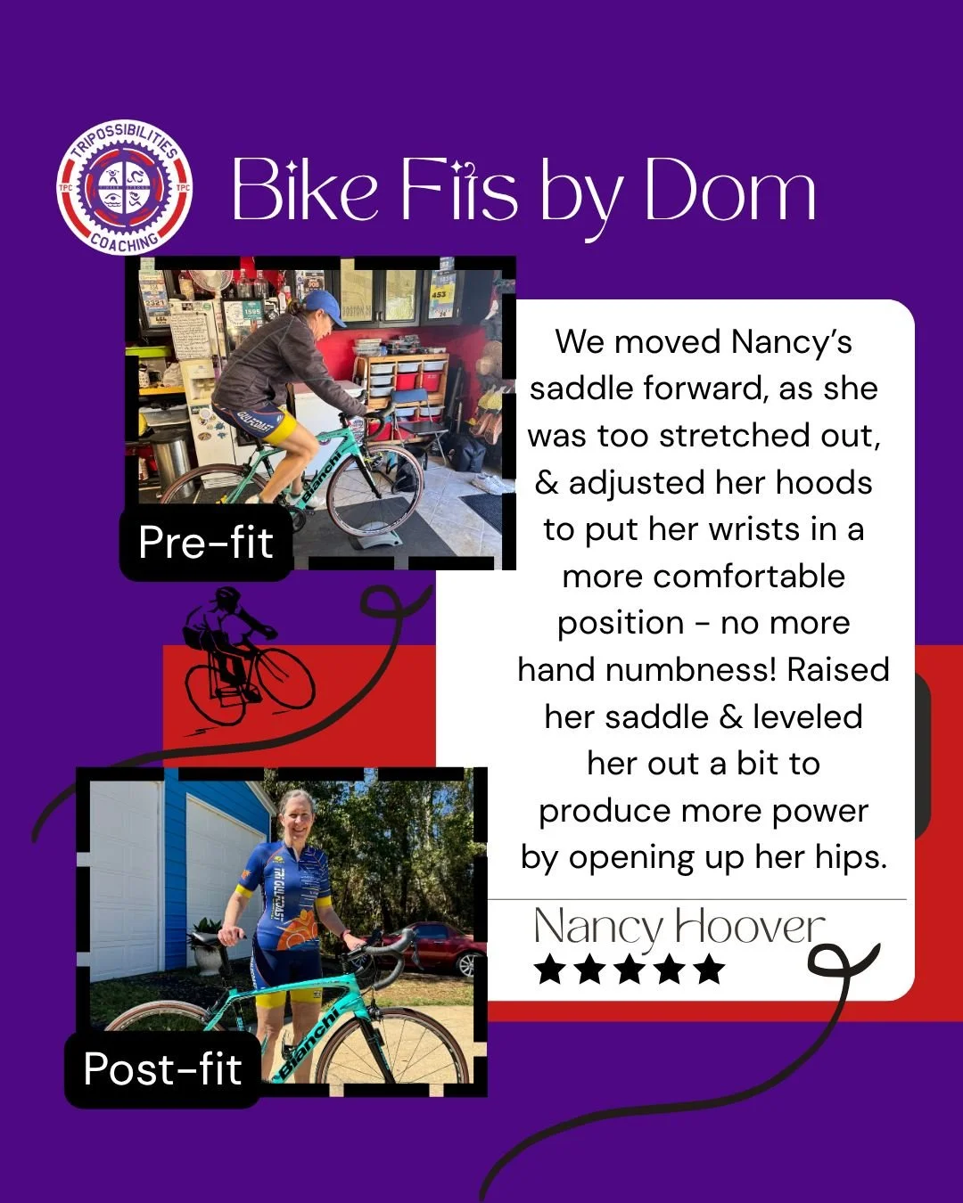 Nancy has a beautiful Bianchi road bike, and now, after completing her fit with Dom, she can ride it comfortably and with power!
#ComfortIsKey 
@trulyspokin 
#tripossestrong
#purplepower