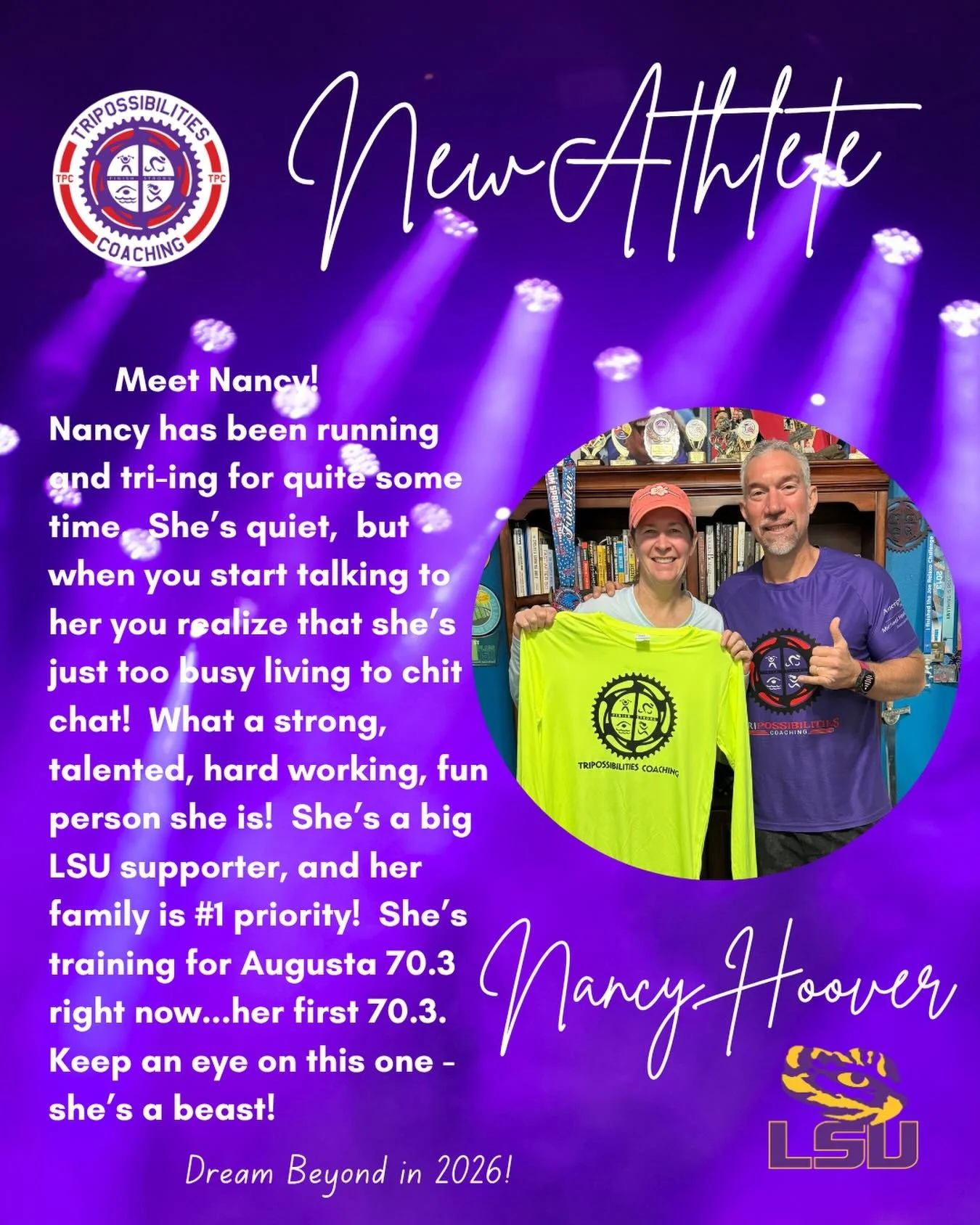 Meet Nancy!
Give her a big ol #purplepower welcome!
Follow along with Nancy&rsquo;s journey to Ironman Augusta. #andbeyond 

Thanks to our awesome sponsors!
@mikehoe70 
@awkolaw
