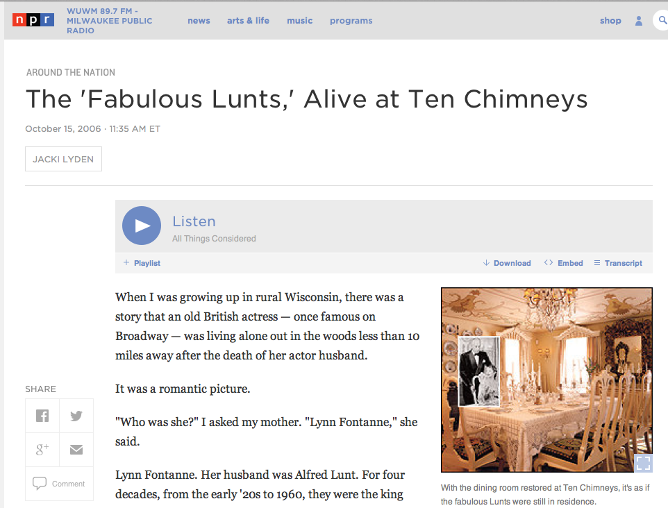 NPR All Things Considered Feature — Ten Chimneys