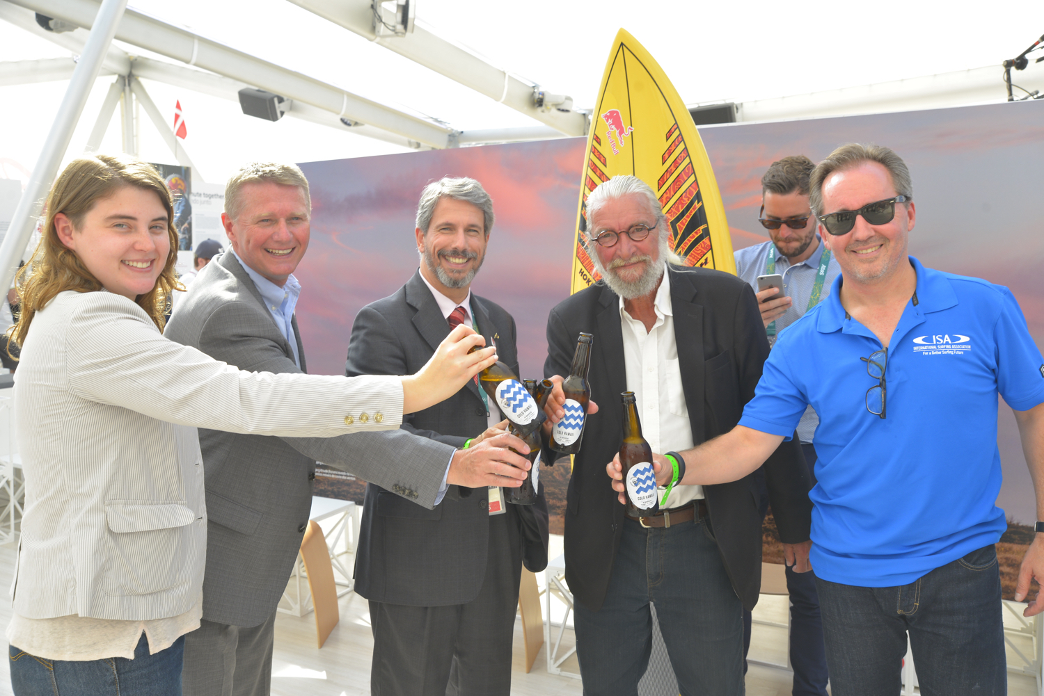 From left Christina Fontoura, Poul Erik Bligaard, trade commissioner, Ministry of Foreign Affairs of Denmark, Laudemar Aguiar, Rio's head of international relations, Finn Jorsal, president of Friends of Cold Hawaii, and Robert Fasulo, executive director, ISA, toasting at the Danish National House in Rio.