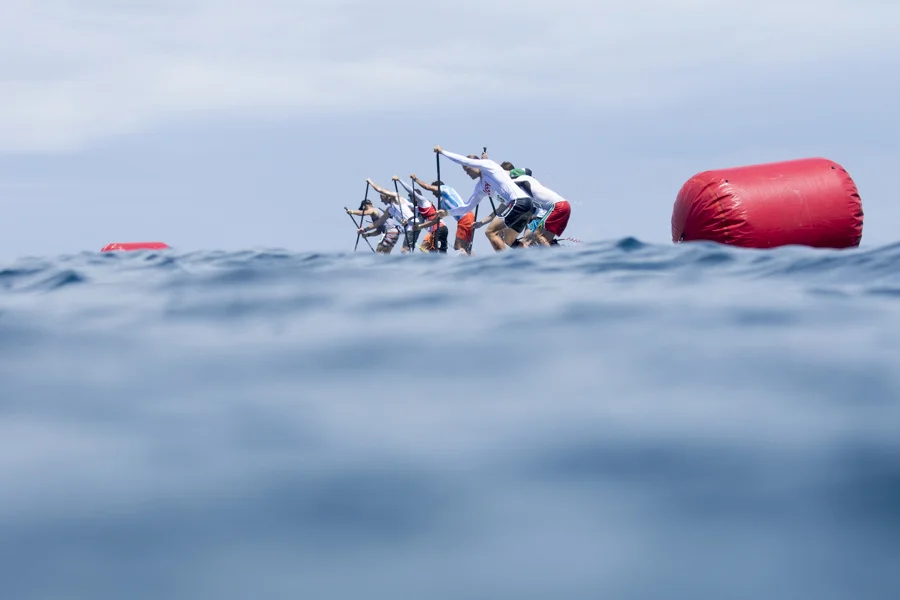 SUP racers take off from the start line at the Technical Race of the 2016 ISA World SUP and Paddleboard Championship in Fiji. In 2017, the Technical Races will take place on Denmark's northwest coast in Vorupør. Photo: ISA / Ben Reed