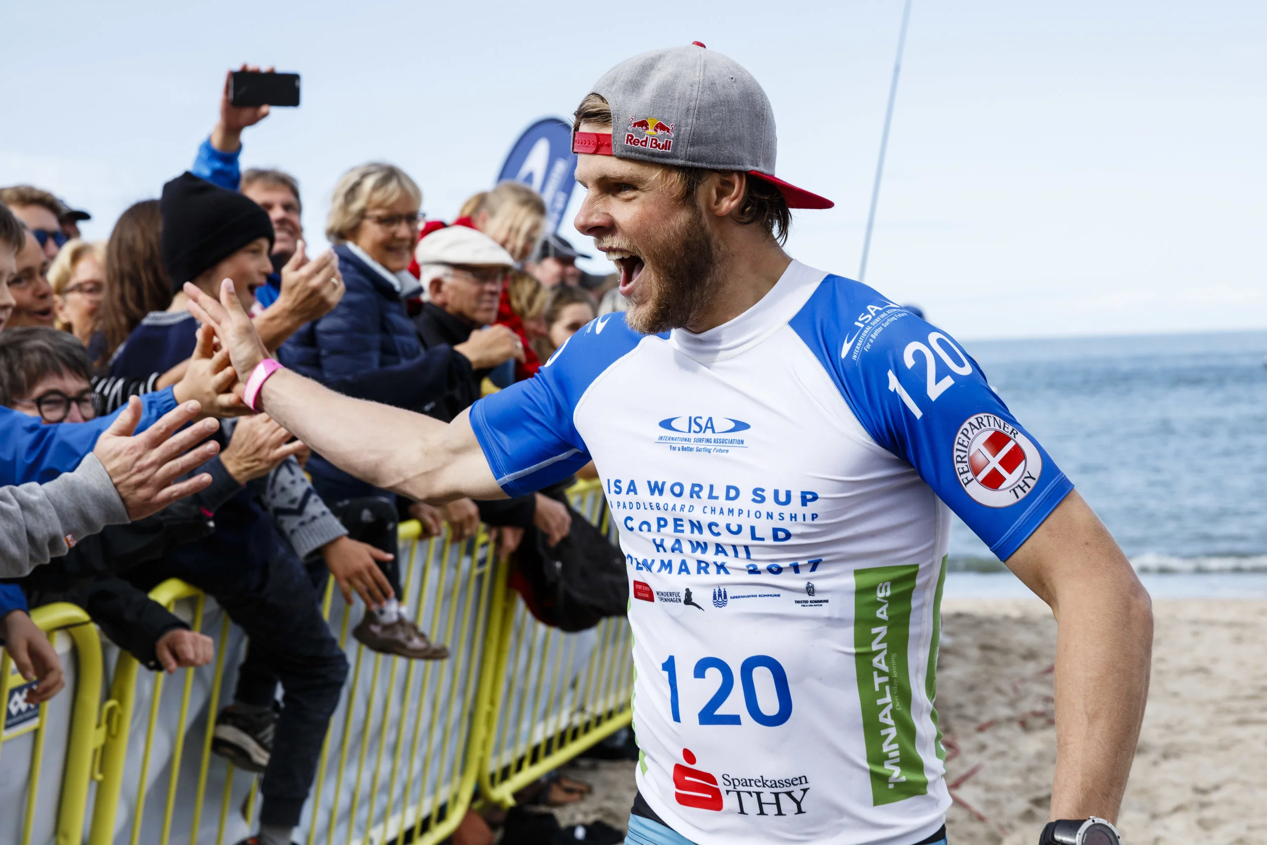 Casper Steinfath after winning a bronze medal in the Men's SUP Technical Race in Cold Hawaii. Photo: ISA / Ben Reed 