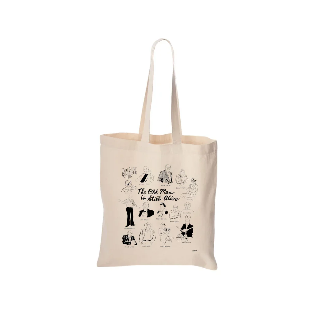  A natural finish tote bag featuring illustrations by Nathan Gelgud of the directors from The Old Man is Still Alive  