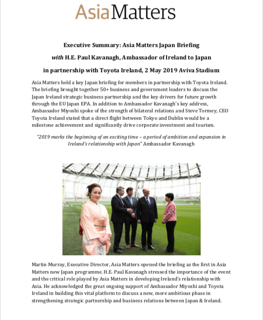 Executive Summary: Asia Matters Private Briefing with HE Paul Kavanagh, Ambassador of Ireland to Japan